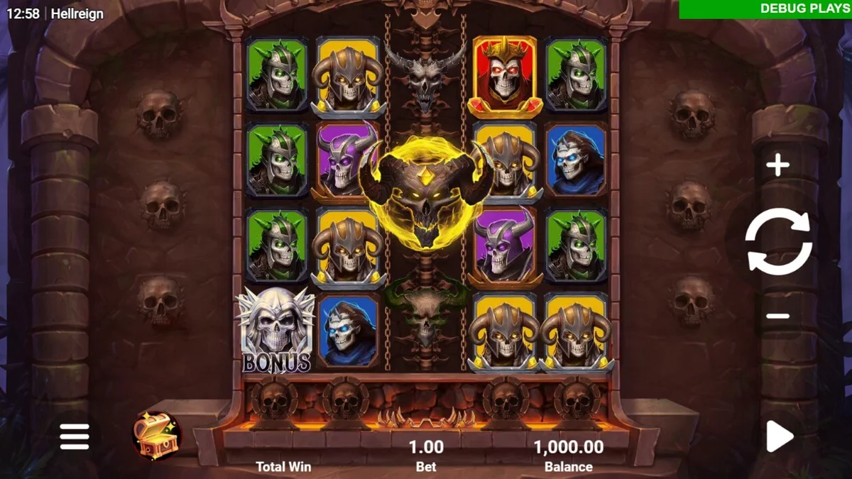 Interface sombria e demoníaca do slot Hellreign Scatter Magnet