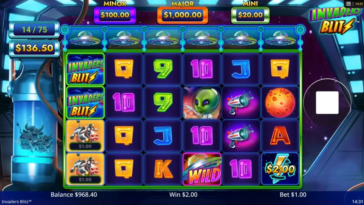 Interface do jogo de slot Invaders Blitz com tema espacial e vacas alienígenas
