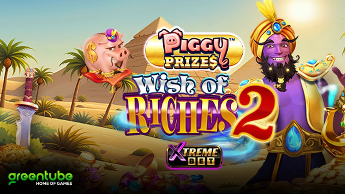 Interface do jogo Piggy Prizes Wish of Riches 2 com tema de porquinho e gênio